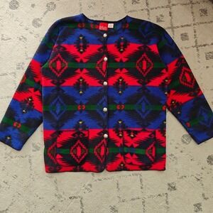 Liz & Co Blanket Cardigan Aztec Western Cozy Women's Medium Vintage Red Blue